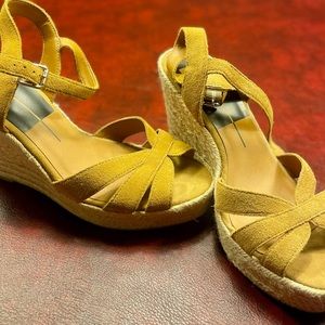 Mustard colored suede wedges
